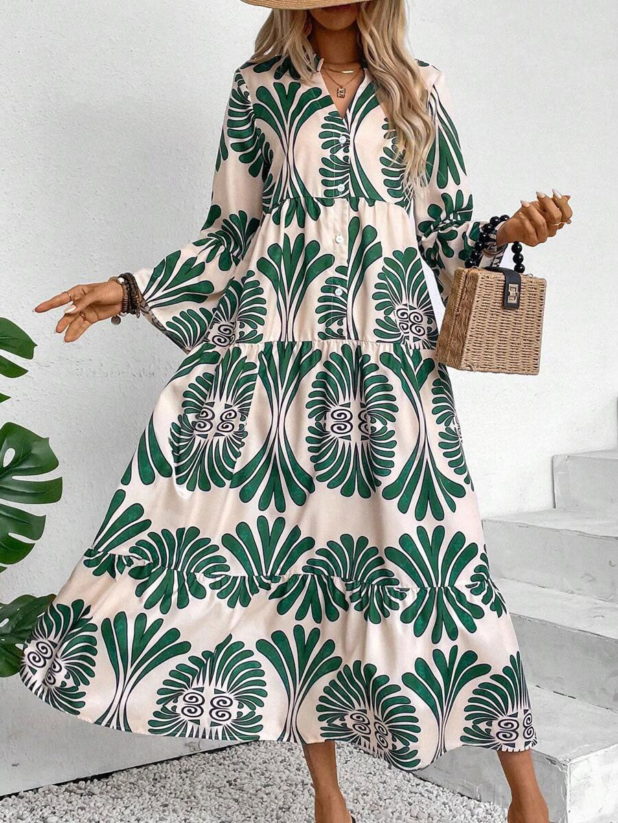 LUNE Women's Notched Neck Single-Breasted Long Sleeve Casual Dress