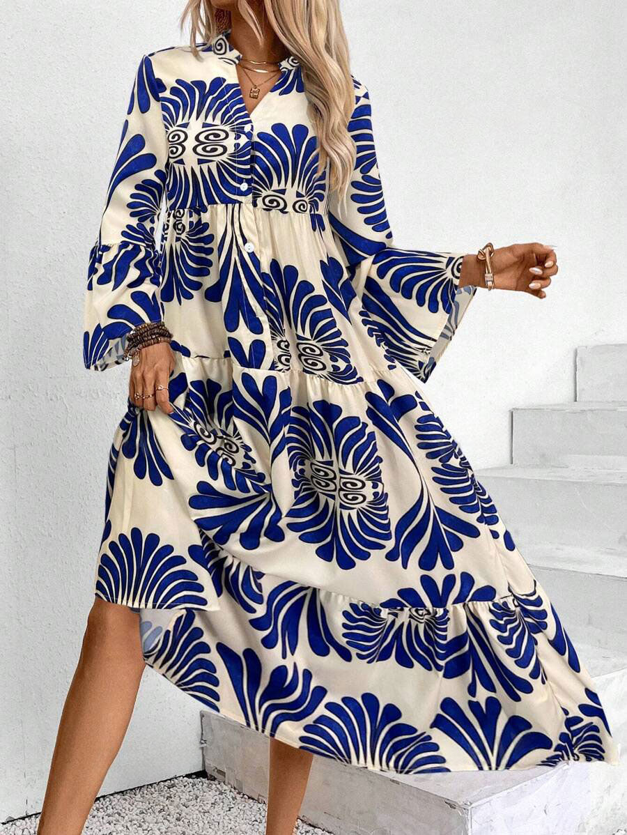 LUNE Women's Notched Neck Single-Breasted Long Sleeve Casual Dress