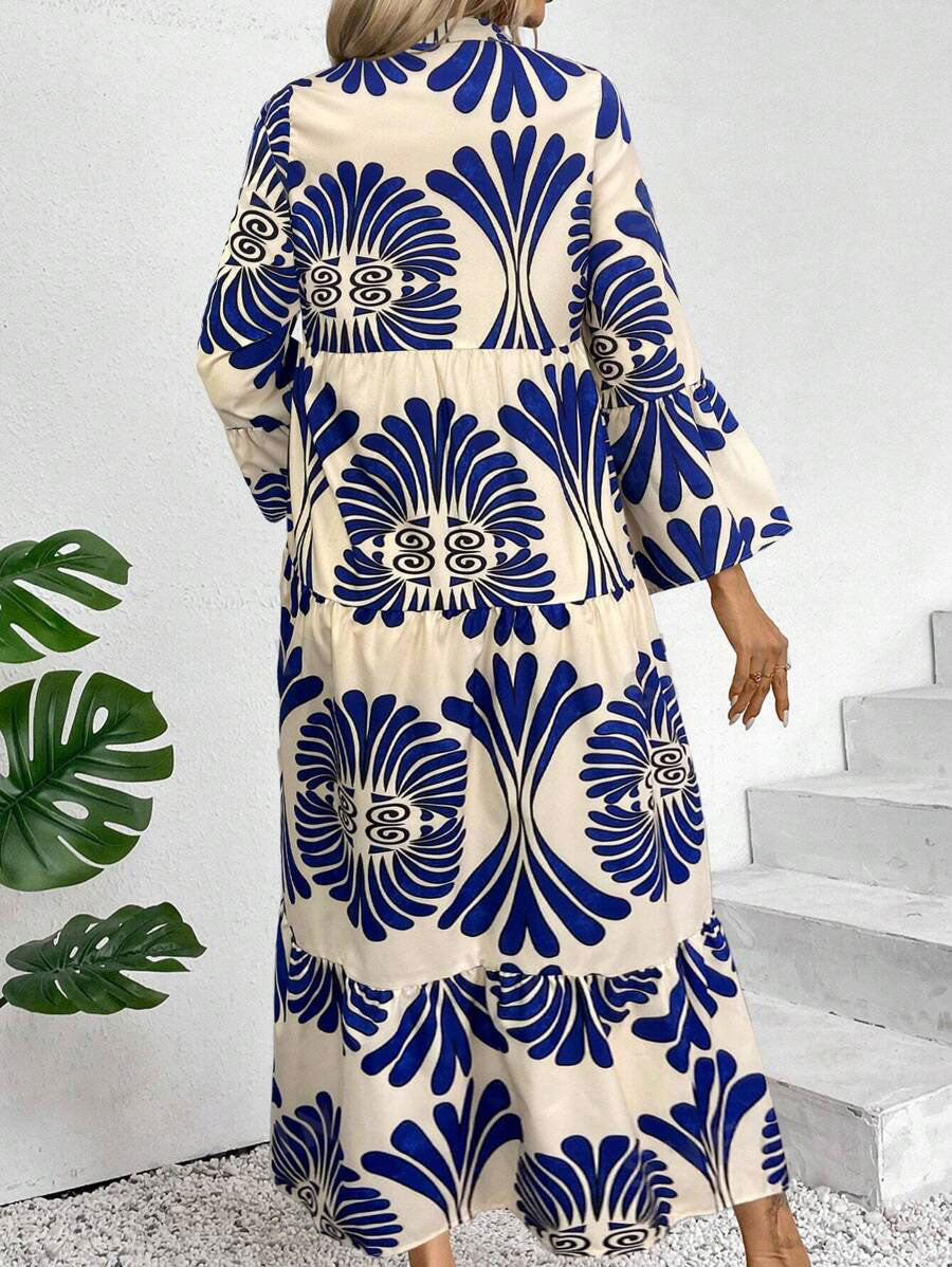 LUNE Women's Notched Neck Single-Breasted Long Sleeve Casual Dress