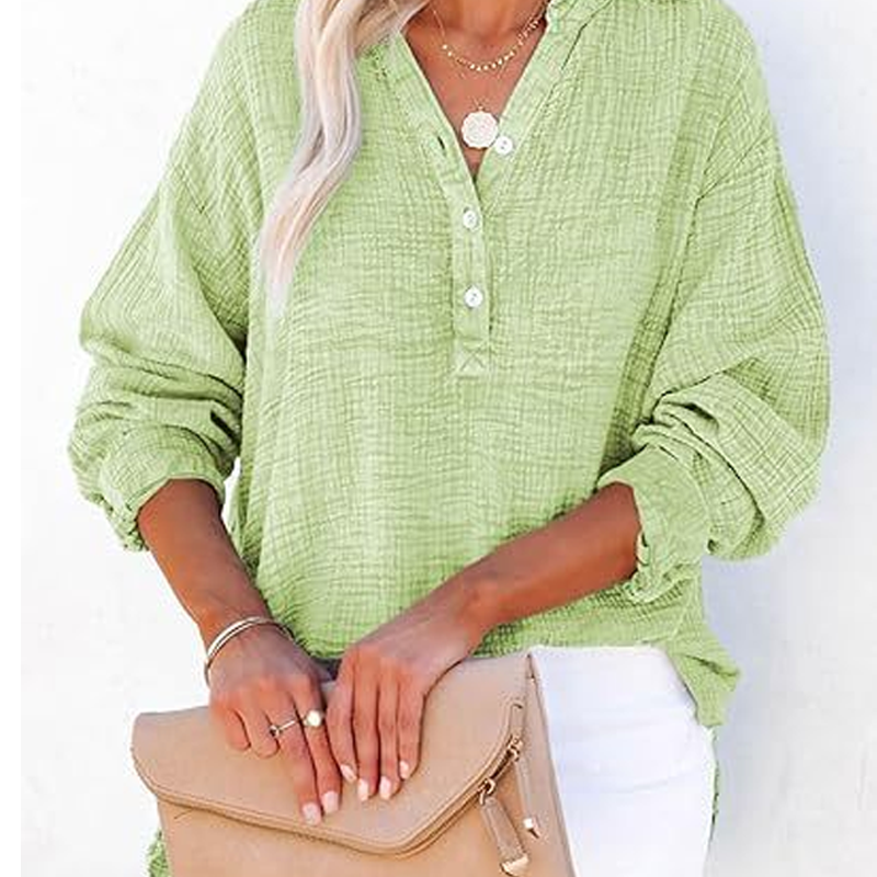 🏆🏆🔥Last Day Sale 50%🔥🌸🌸Women’s Casual Gauze Button Neck Long Sleeve Blouse