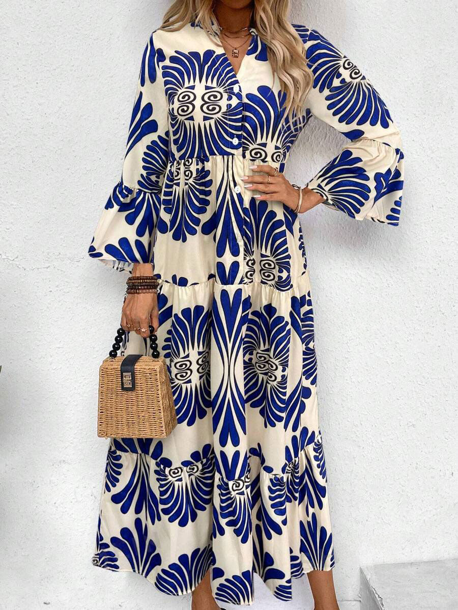 LUNE Women's Notched Neck Single-Breasted Long Sleeve Casual Dress