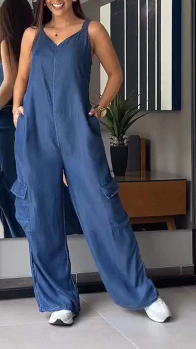 ✨️💙HOT SALE 49% OFF✨️💙Thin Denim Cargo Pocket V-neck Jumpsuit