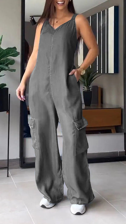 ✨️💙HOT SALE 49% OFF✨️💙Thin Denim Cargo Pocket V-neck Jumpsuit