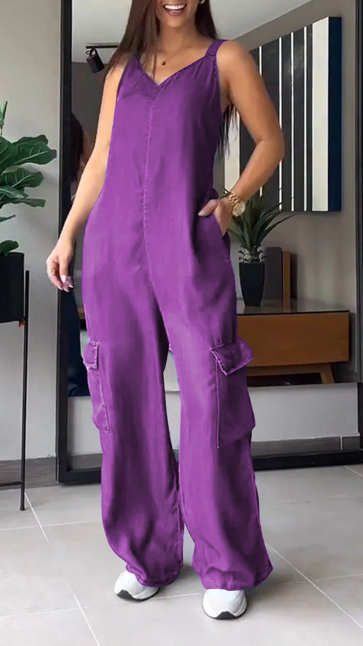 ✨️💙HOT SALE 49% OFF✨️💙Thin Denim Cargo Pocket V-neck Jumpsuit