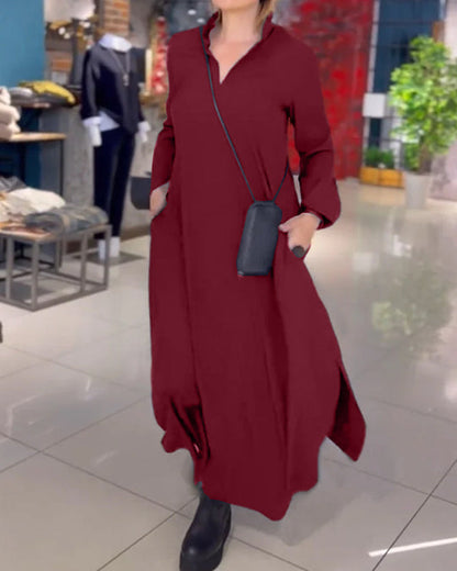 2024 Hot Sale 49%OFF💕Side Slit Lapel Loose Long Dress