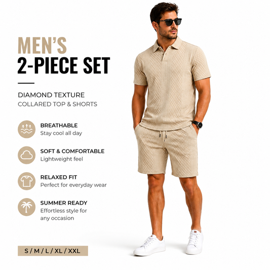 👔 LIMITED-TIME 50% OFF! ✨ Men's 2-Piece Set – Diamond Print, Collared Top, Shorts, Comfort Fit ✨