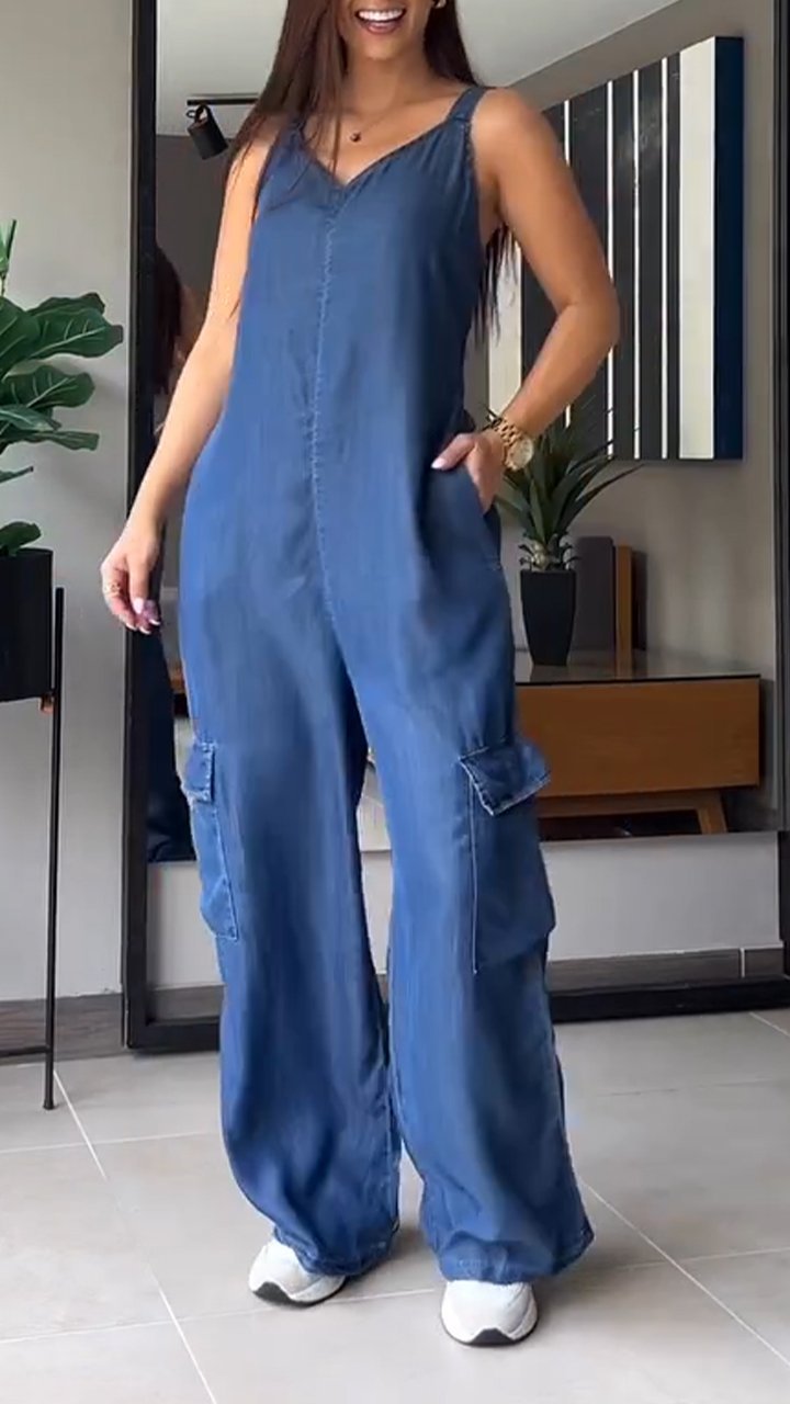 ✨️💙HOT SALE 49% OFF✨️💙Thin Denim Cargo Pocket V-neck Jumpsuit