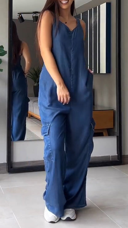 ✨️💙HOT SALE 49% OFF✨️💙Thin Denim Cargo Pocket V-neck Jumpsuit