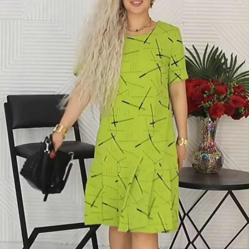 Women’s Trendy Print Loose Fit Short Sleeve Pleated Dress