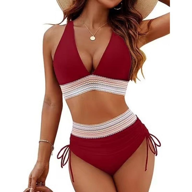 V-Neck Patchwork Bikini 2-Piece Set