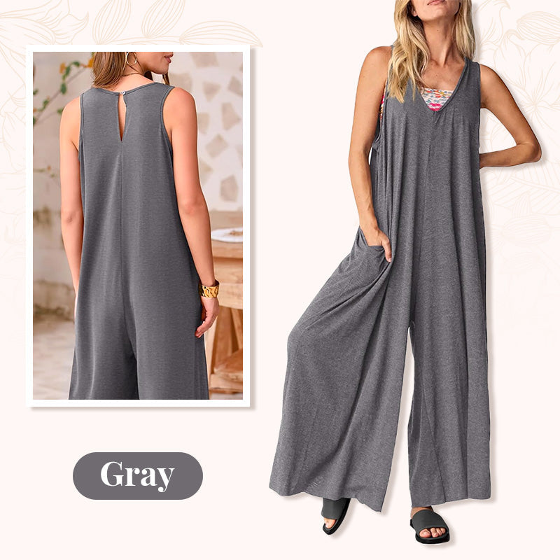 Women's Casual V-Neck Sleeveless Wide-Leg Jumpsuit