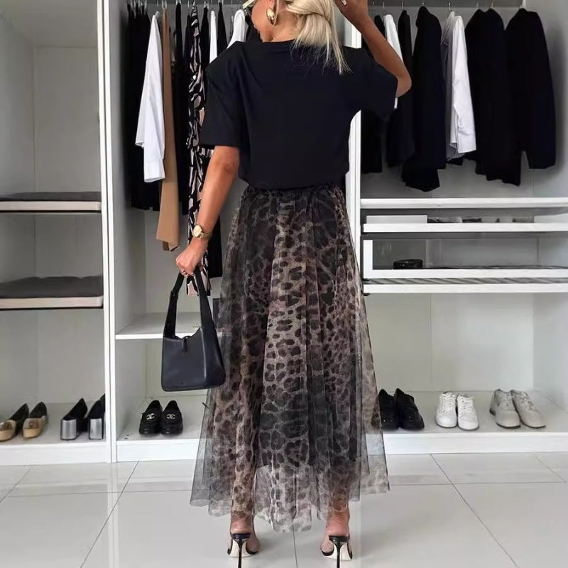 Leopard Print Layered Design Bustier Maxi Skirt