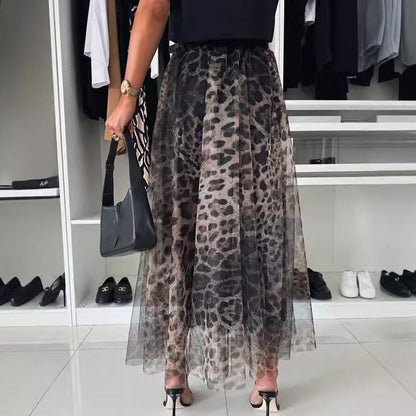 Leopard Print Layered Design Bustier Maxi Skirt