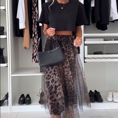 Leopard Print Layered Design Bustier Maxi Skirt