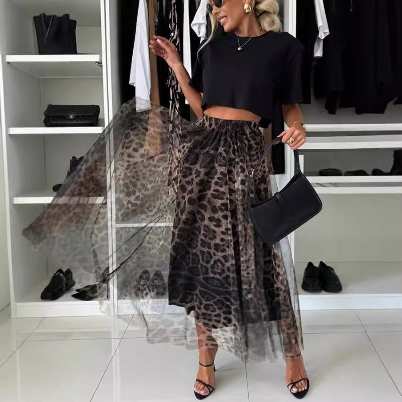 Leopard Print Layered Design Bustier Maxi Skirt