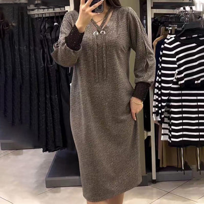 Women's V-Neck Long Sleeve Drawstring Dress