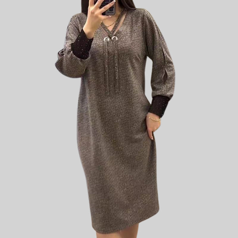 Women's V-Neck Long Sleeve Drawstring Dress