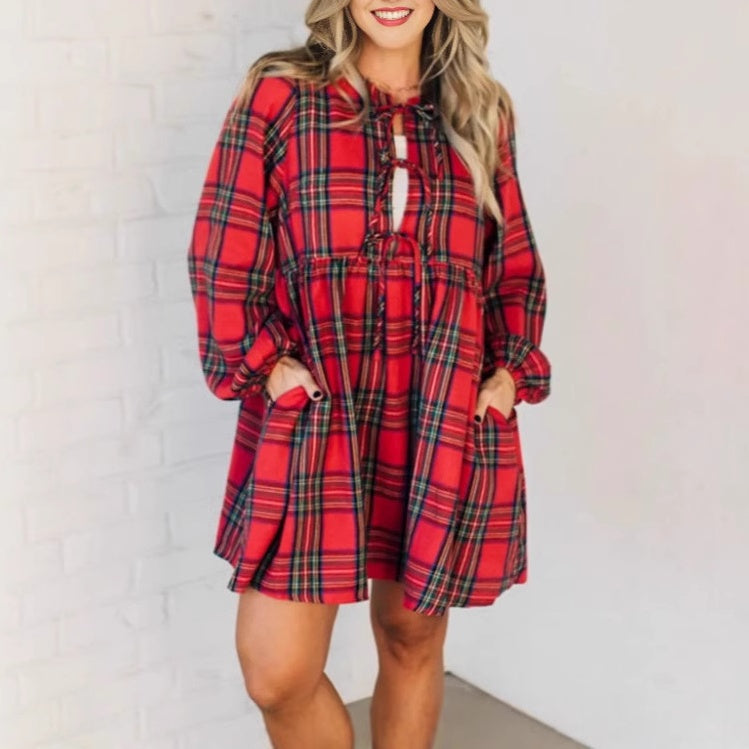 Women's Plaid Dress with Tie Bows Front