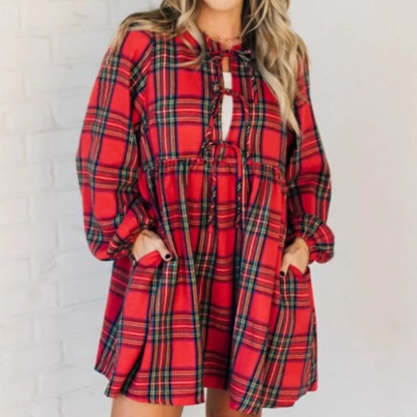 Women's Plaid Dress with Tie Bows Front