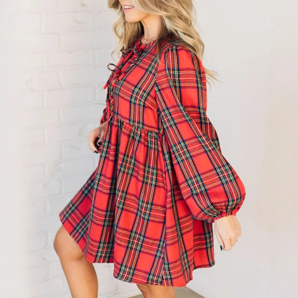 Women's Plaid Dress with Tie Bows Front