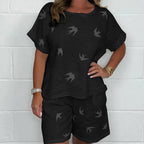 Casual Printed Cotton-Linen Short Sleeve Shorts Set