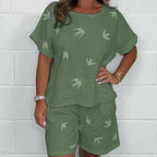 Casual Printed Cotton-Linen Short Sleeve Shorts Set
