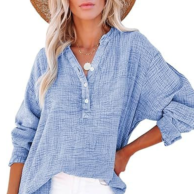💖Limited Sale 49% OFF💖Women’s Casual Gauze Button Neck Long Sleeve Blouse