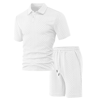 👔 LIMITED-TIME 50% OFF! ✨ Men's 2-Piece Set – Diamond Print, Collared Top, Shorts, Comfort Fit ✨