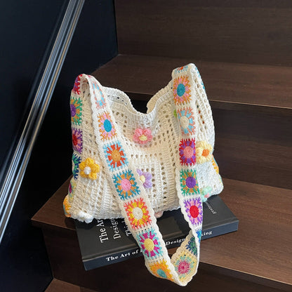 Women’s Crochet Floral Bag 🧶 Ethnic Style Shoulder Tote 🌸