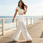 Women's Wide Leg Linen Pants with Lace Hem
